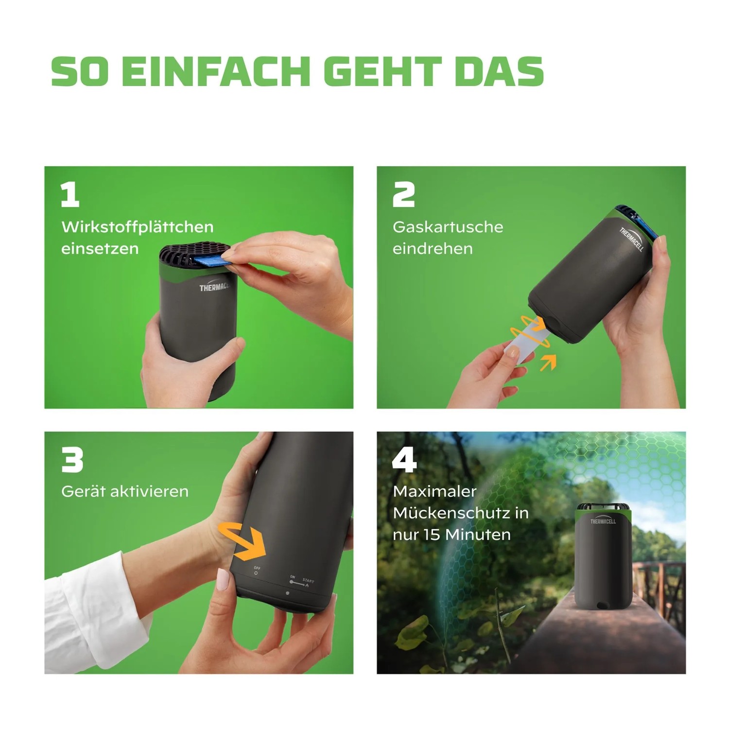 Anleitung: Thermacell Mückenabwehr Nachfüllpackung mit Wirkstoffplättchen und Gaskartusche verwenden.