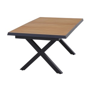 Rechteckiger, ausziehbarer Siena Garden Gartentisch Sincro aus Teakholz mit schwarzem X-förmigen Gestell.