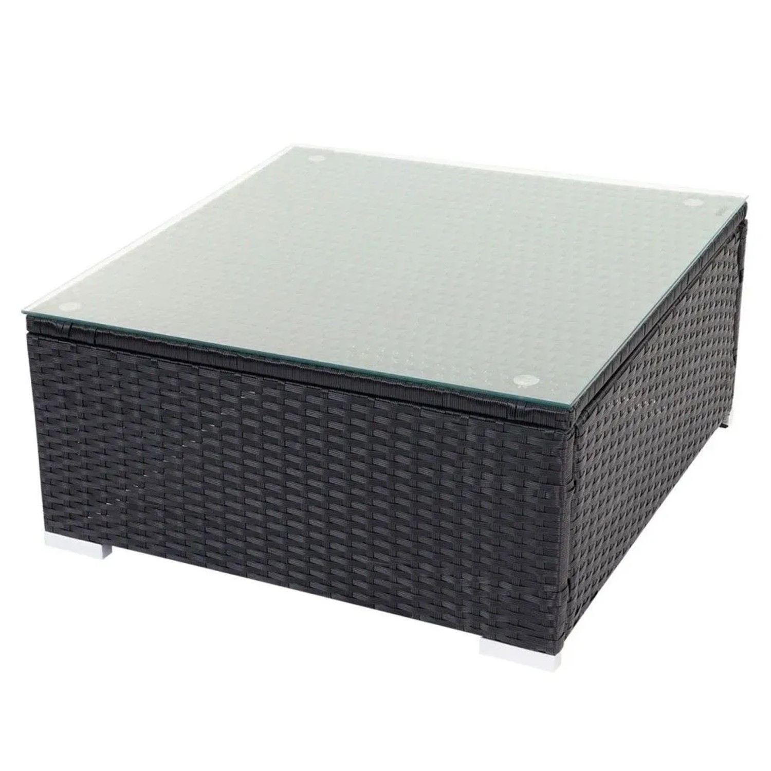 Schwarzer Poly-Rattan-Tisch mit Glasplatte für Gartenmöbel. Quadratische Form, weiße Füße.