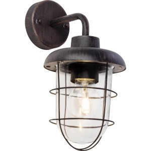 Rostfarbene Brilliant Außen-Wandlampe Carlisle im Industrial Look mit klarem Glas.