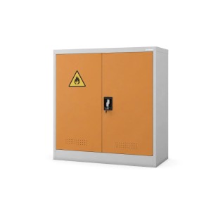 Niedriger JAN NOWAK Chemikalienschrank IRENE, grau-gelb, mit Doppeltüren, Schloss und Flammen-Warnpiktogramm. Robuster Stahlschrank.
