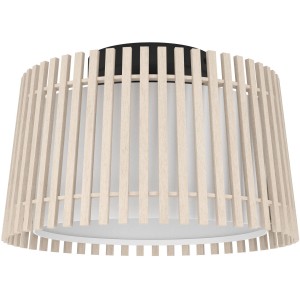 Moderne Eglo Deckenleuchte Fattoria in Weiß, Schwarz und Braun mit Holz- und Textilelementen.