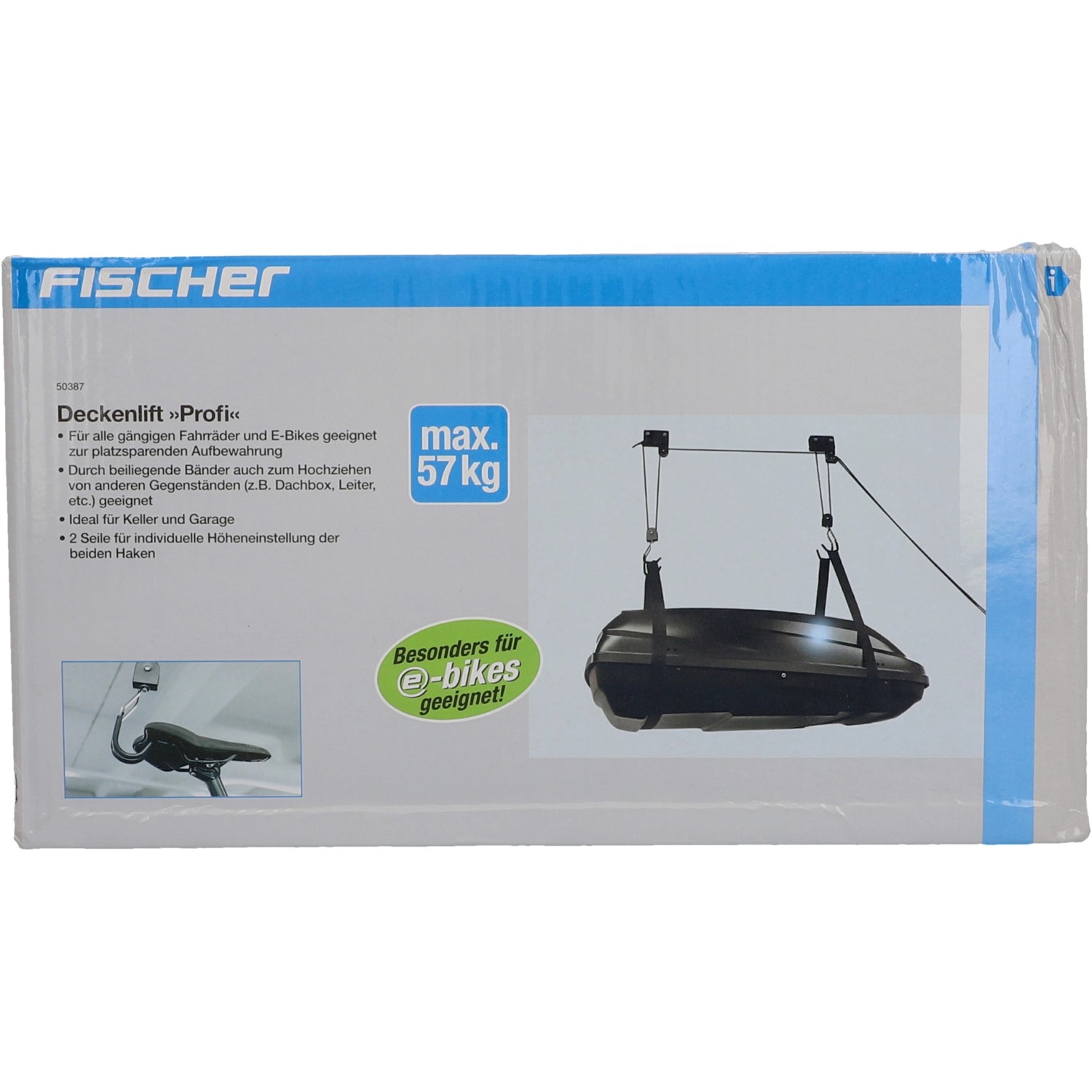 Verpackung des Fischer Fahrradlift ProfiPlus für Deckenmontage, geeignet für Fahrräder und E-Bikes bis 57kg.