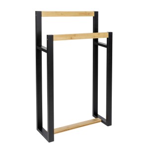 WENKO Handtuchständer Braidi aus Bambus, 2-armig, schwarz-natur, für Bad und Schlafzimmer.