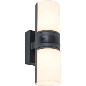 Moderne LED Außenwandleuchte Cyra mit zwei drehbaren, zylinderförmigen Köpfen in Anthrazit.