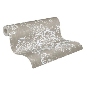 PROFHOME Textiltapete mit floralem Muster in Silber und Braun, leicht schimmernd.