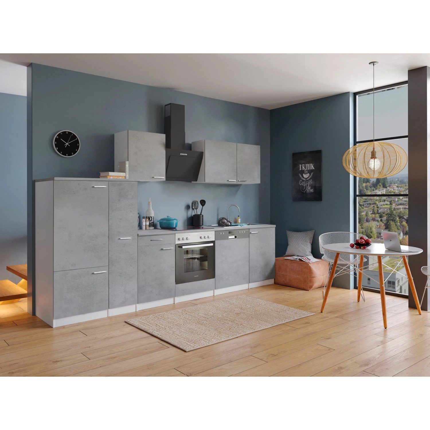 Respekta Küchenblock Malia 310 cm in Betonoptik mit E-Geräten, inkl. Herd, Spüle und Geschirrspüler.