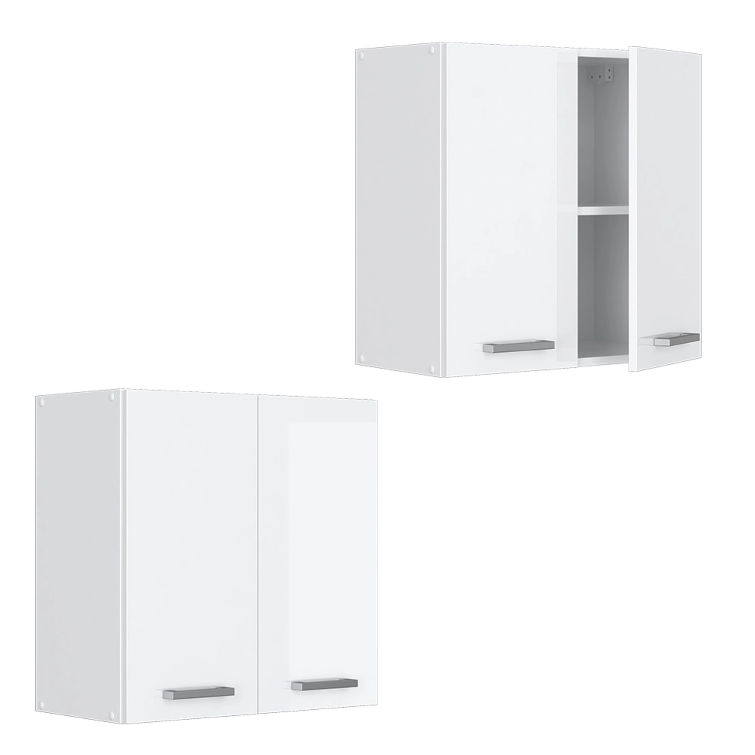 Zwei weiße, hochglänzende Vicco Hängeschränke (60 cm) der R-Line Serie für die Küche.