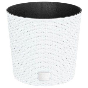 Weißer Pflanzkübel im Rattan-Look mit herausnehmbarem Einsatz für Hochbeete.