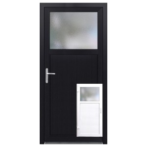 Anthrazitfarbene Kunststoff Nebeneingangstür mit Fenster und weißer Tür (verkleinert dargestellt).