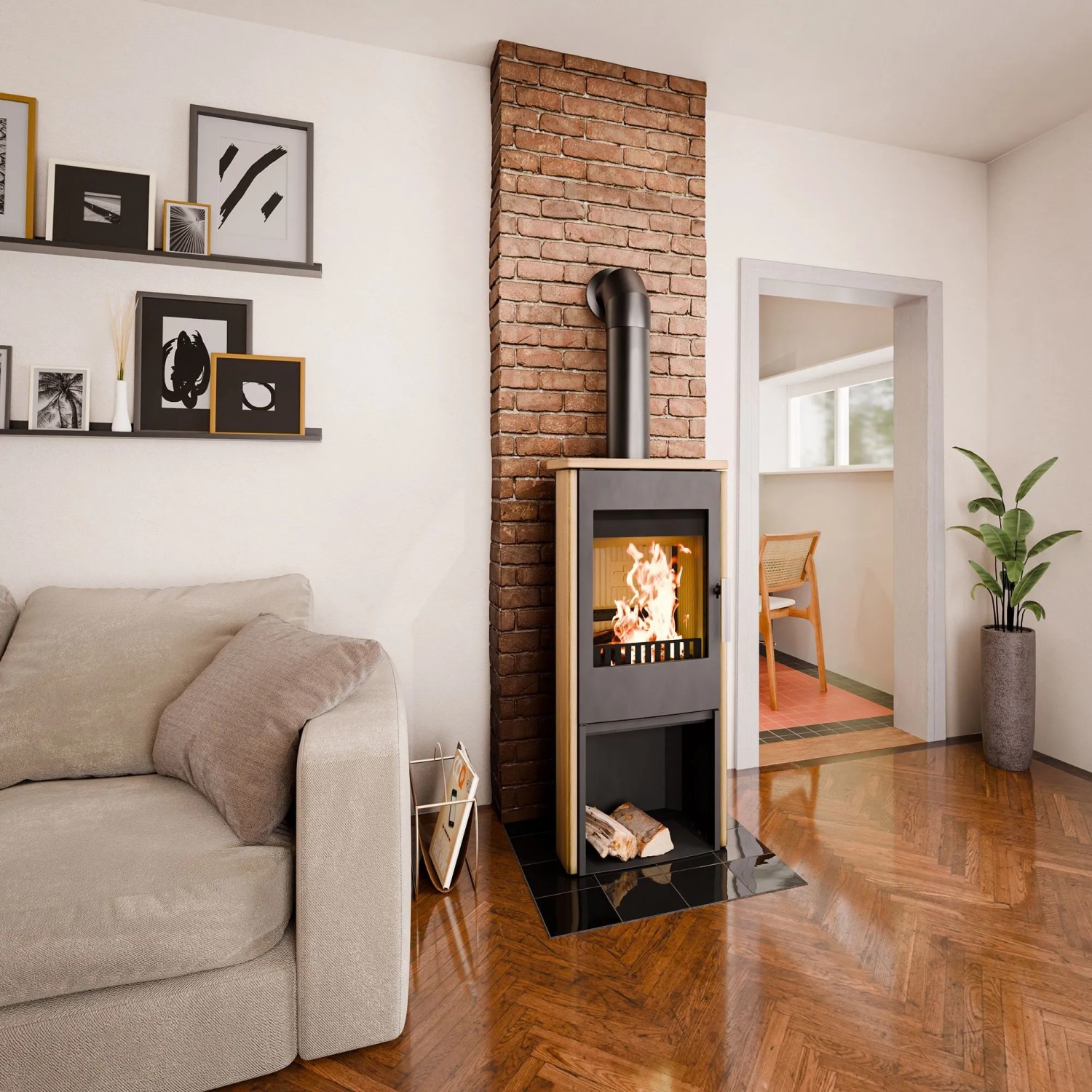Haas+Sohn Kaminofen Naturstein Schwarz 6 kW mit Automatik im Wohnraum mit brennendem Feuer.