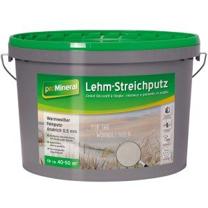 Grauer proMineral Lehm-Streichputz 18 kg Eimer mit grünem Deckel. Feiner Effektputz für Wände, atmungsaktiv und feuchtigkeitsregulierend.