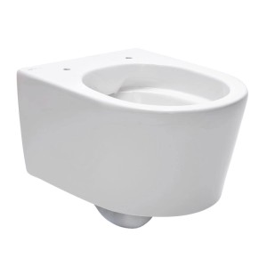 Weißes spülrandloses Wand-WC aus Keramik, kurz und platzsparend. Modernes Tiefspüler-Design für Toiletten.