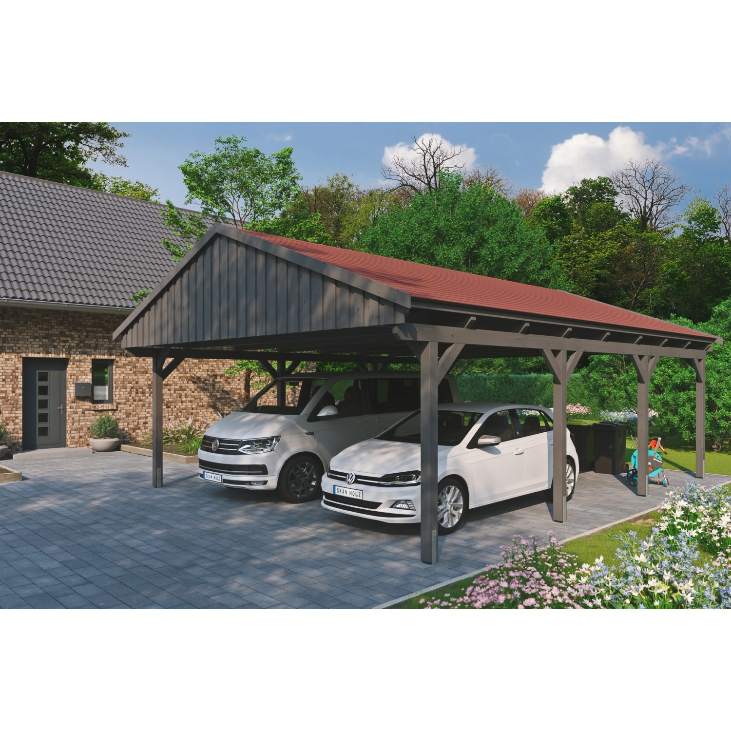 Skan Holz Carport Fichtelberg 618 cm x 808 cm Rote Schindeln Schiefergrau günstig online kaufen