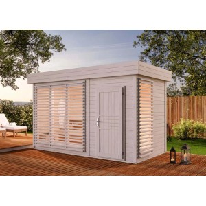 Finntherm Gartensauna Azalia, naturbelassen, mit Lamellenfenstern und Flachdach auf Holzterrasse.