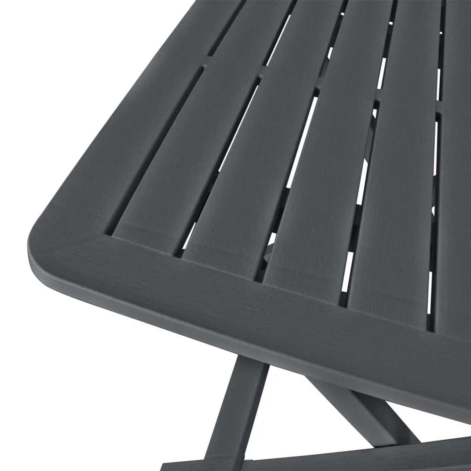 Detailansicht: Anthrazitfarbenes, klappbares Bistro-Set aus Kunststoff, Teil der Gartenmöbel.