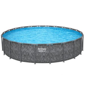 Runder Bestway APX365 Frame Pool mit dunkler Marmor-Optik und blauem Wasser. Stahlrahmen Pool.