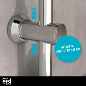 Detailaufnahme: Höhenverstellbares Eisl Überkopfbrause-Set in Chrom, flexible Duschlösung.