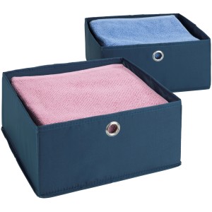 Wenko Schubladenorganizer Business 2er-Set, dunkelblaue Textilboxen mit rosa und blauem Inhalt.