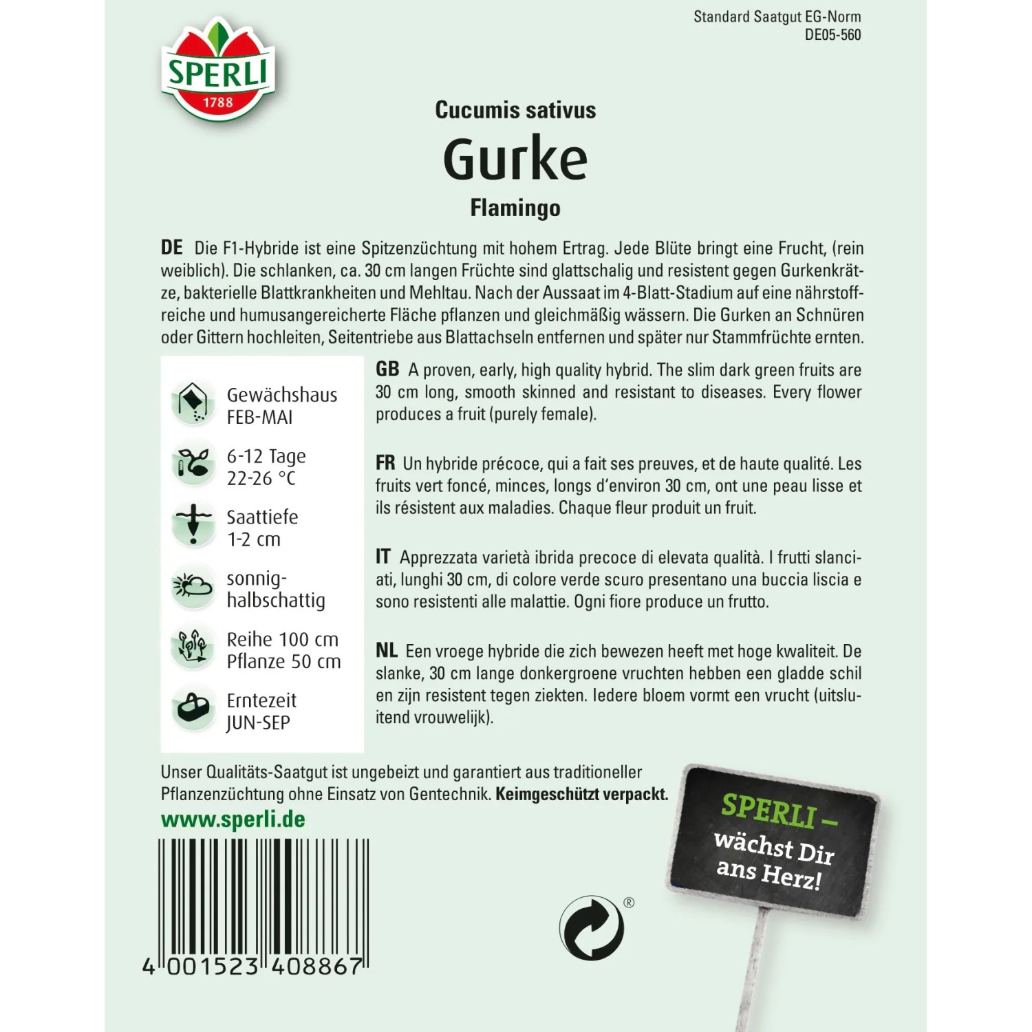 Samenpackung Sperli Salatgurke Flamingo F1-Hybride, resistent und ertragreich.