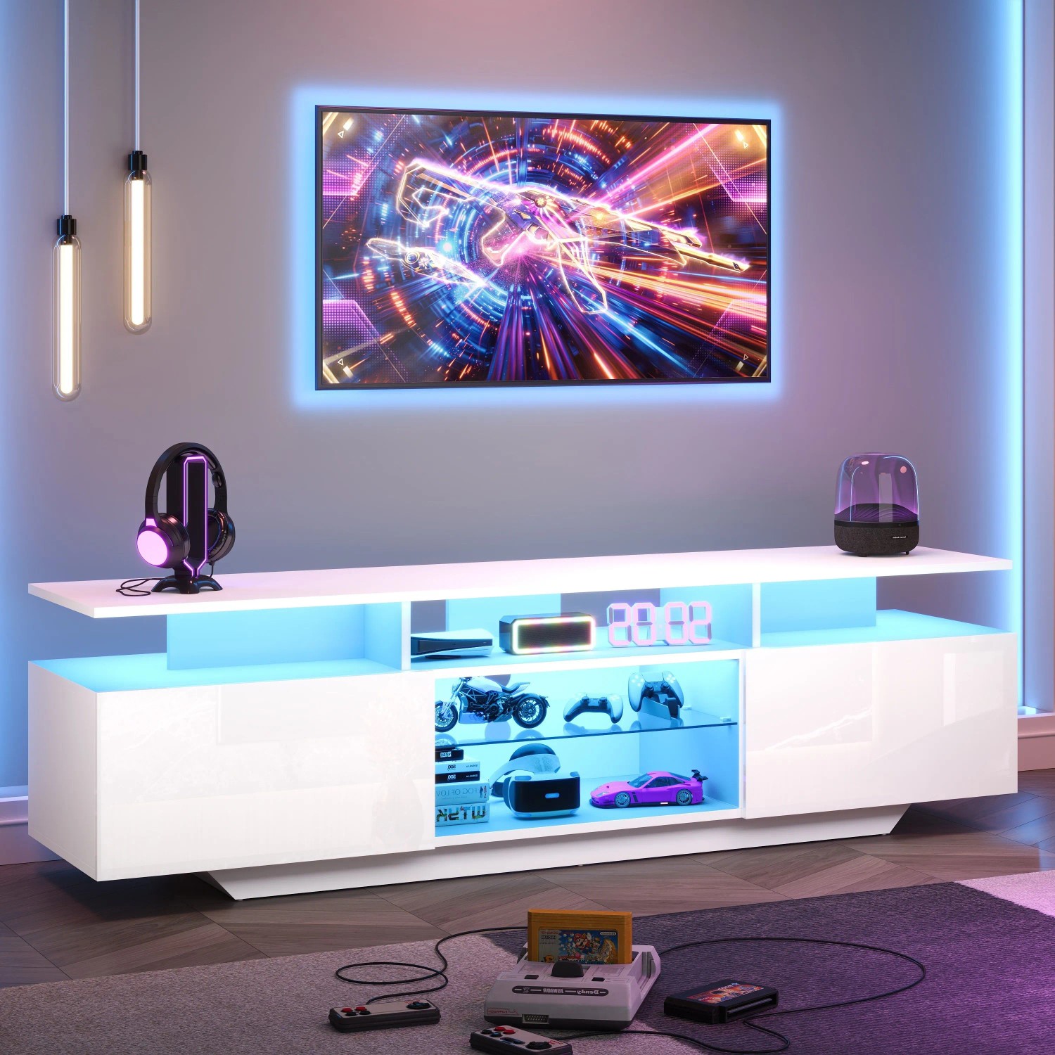 Merax TV Lowboard 160x40x45 cm LED 2 Türen Für 70 Zoll TV Hochglanz
