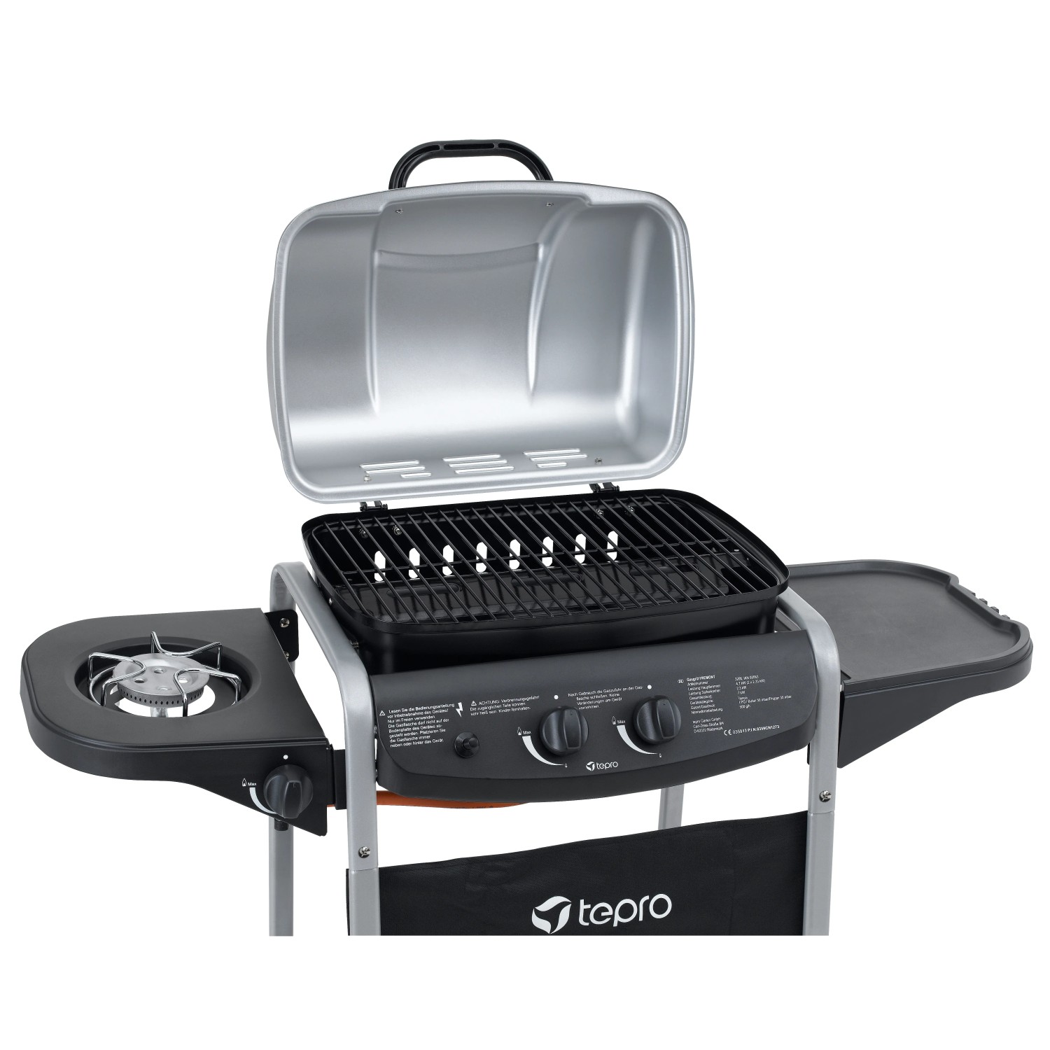 Kompakter tepro Gasgrill Fremont in Schwarz/Silber mit Seitenkochfeld und abklappbarer Ablage.