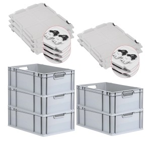 PROREGAL SuperSparSet: 5 graue Euroboxen mit Scharnierdeckel und schwarzen Schiebeschnappverschlüssen.