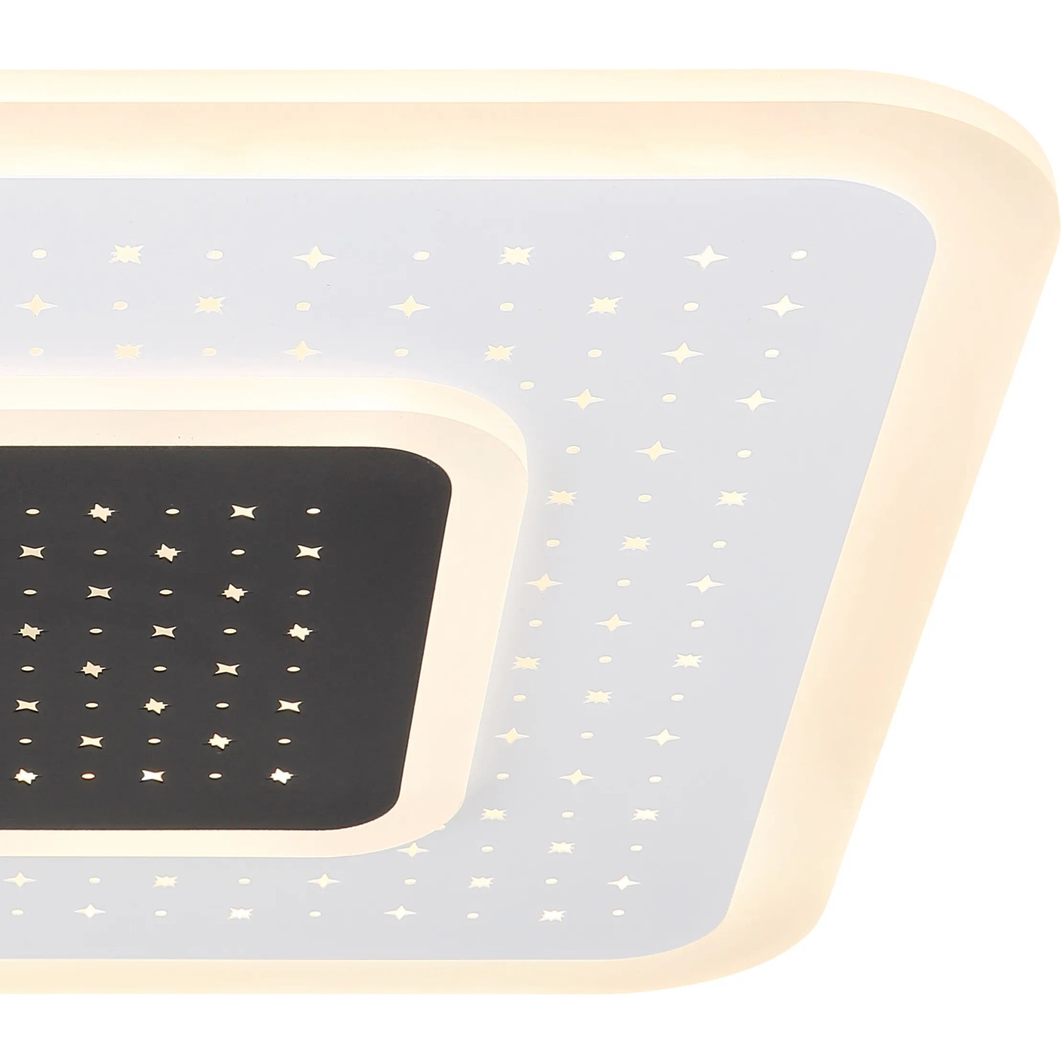 Moderne, dimmbare LED-Deckenleuchte Gisell, weiß matt, mit Sternenmuster und Fernbedienung.
