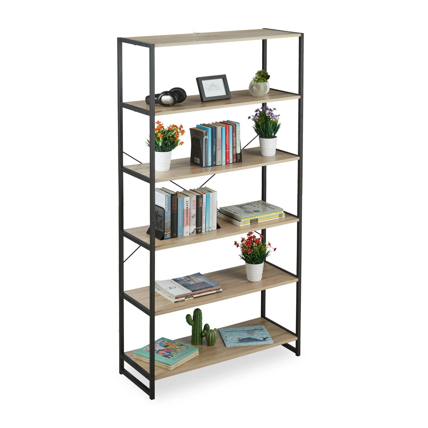 Relaxdays Standregal 6 Fächer Holzwerkstoff Metall Braun Schwarz 180 cm x 95 cm x 35 cm