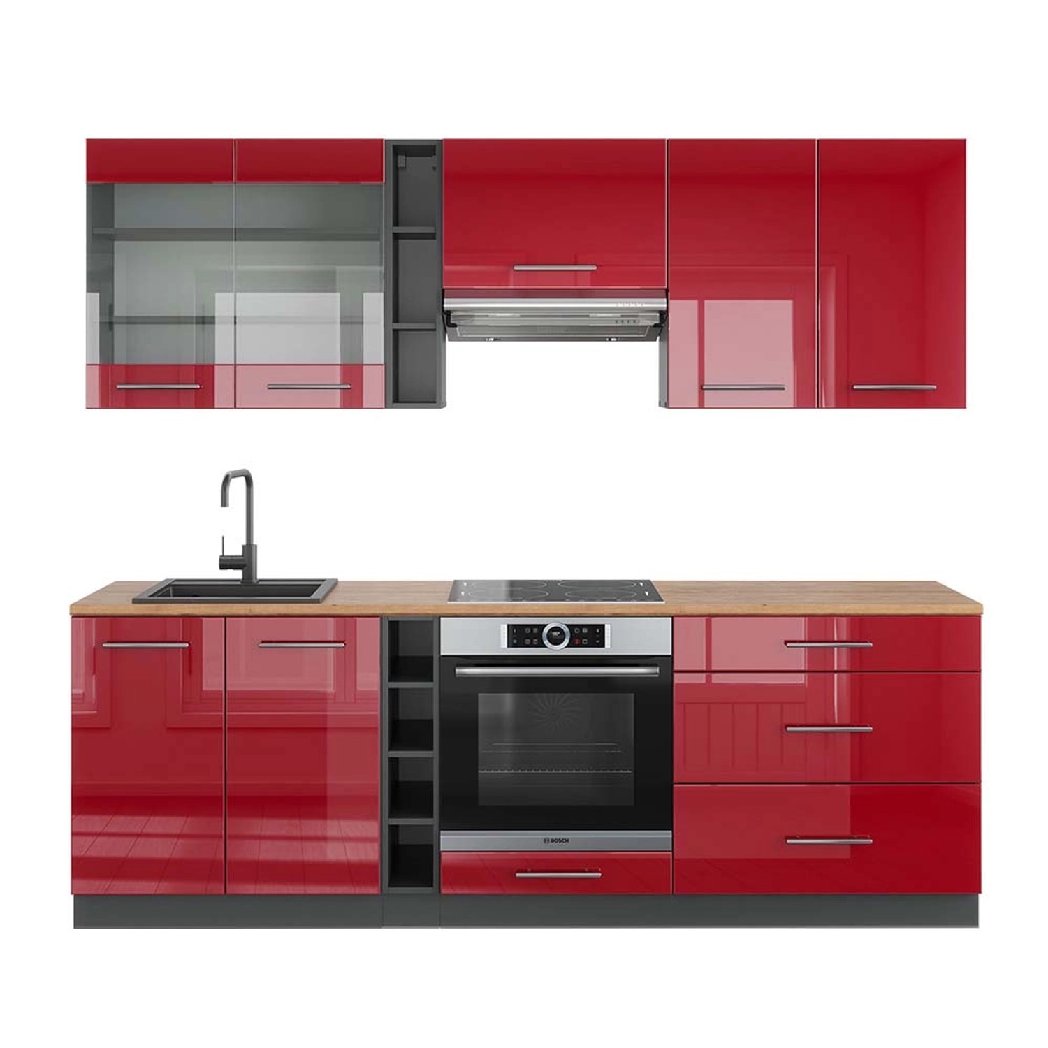 Vicco Fame-Line Küchenzeile Bordeaux Hochglanz/Anthrazit 235 cm AP Eiche günstig online kaufen