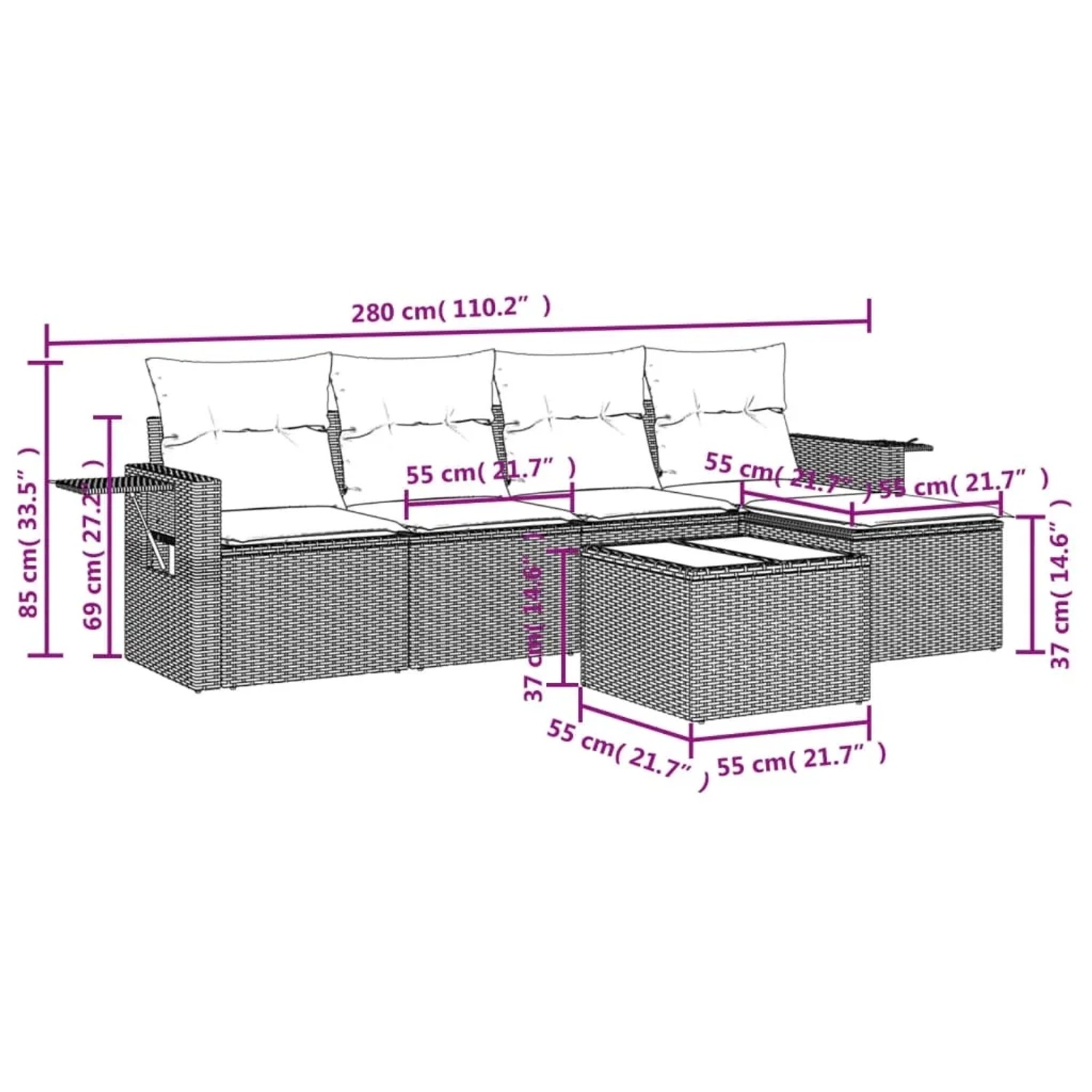 vidaXL Garten-Sofagarnitur, 6-teilig, beige Poly Rattan mit Maßen.