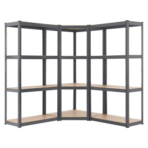 Graues Juskys 3er Regalsystem mit 12 Böden und hoher Tragkraft für Keller, Garage oder Werkstatt.