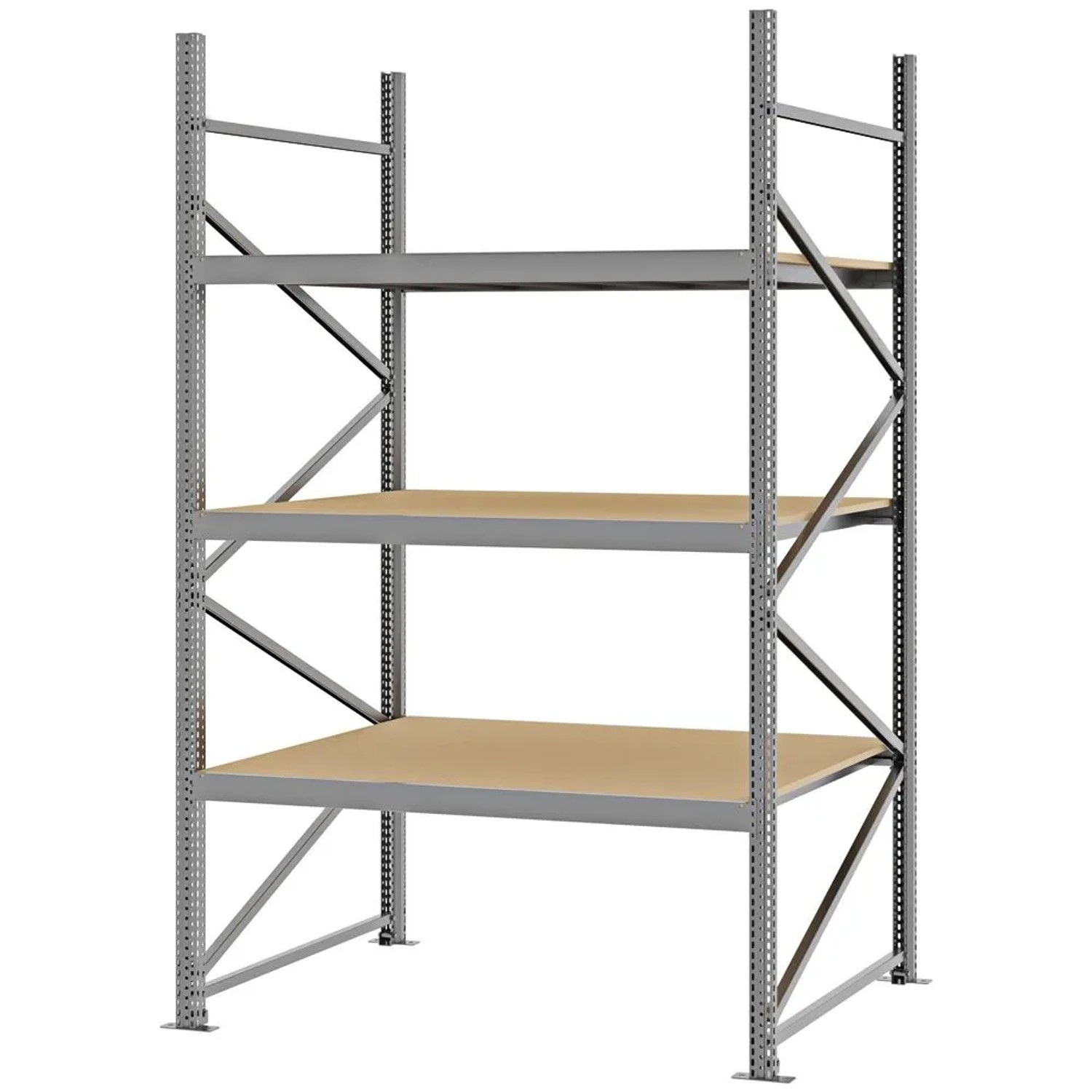 PROREGAL Weitspannregal Schraub-Stecksystem MAGNUS PRO Made In Germany Grundregal 250x150x100cm 3 Ebenen Spanplattenböden Fachlast 750kg Verzinkt