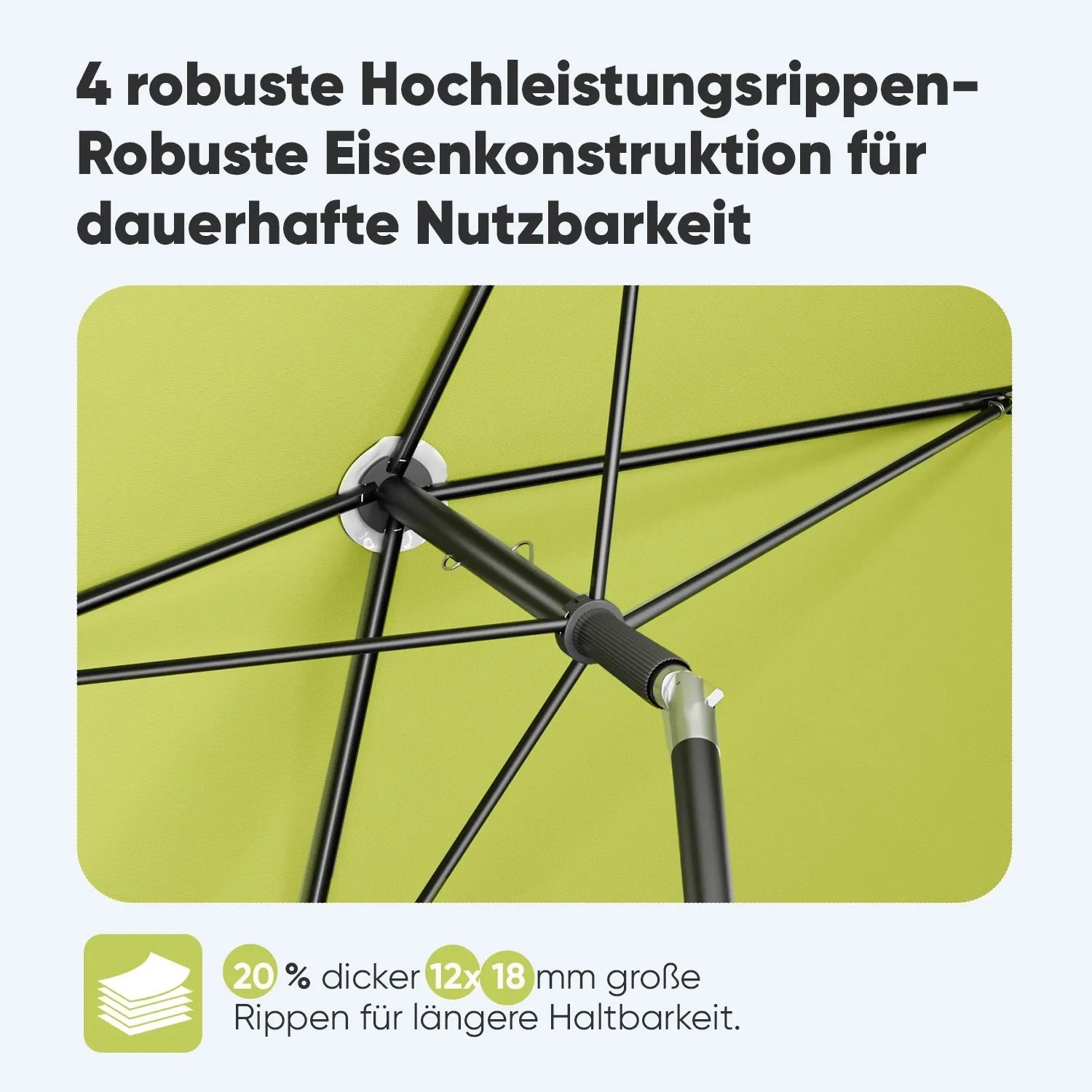 Detailaufnahme: Sekey Balkonschirm, rechteckig, grüne Bespannung, robustes Gestell mit Edelstahlverstrebungen.