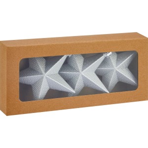 Weihnachtsdeko: 3 silberne Sterne als Baumbehang im Karton.