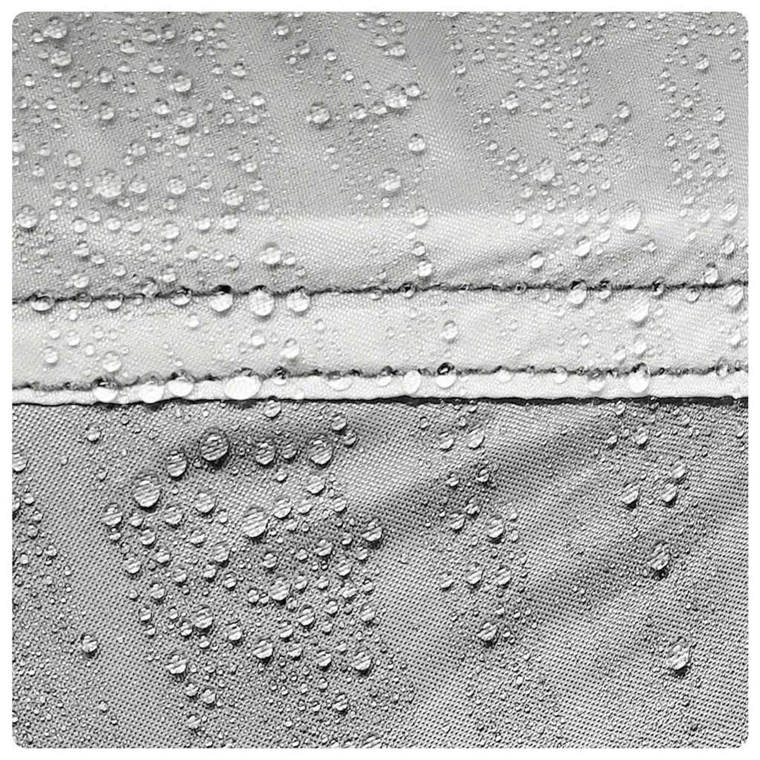Grauer, wasserdichter Partyzelt-Stoff mit Wassertropfen auf der Oberfläche und Naht.