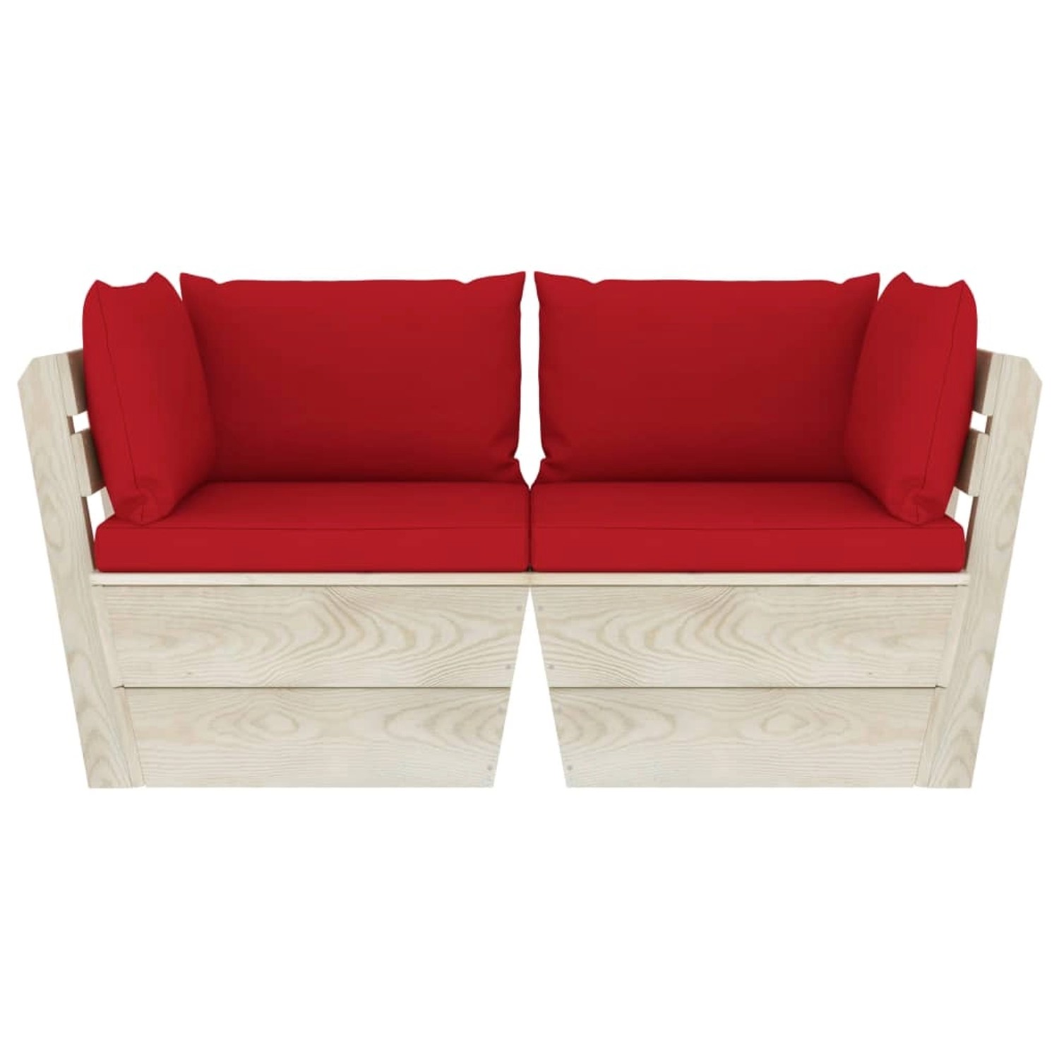 vidaXL 2-Sitzer Garten-Palettensofa aus Fichtenholz mit roten Kissen.