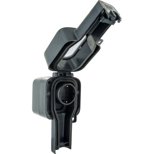 Schwaiger Außensteckdose SOAD1000 IP56 für Balkonkraftwerke, Aufputzmontage, mit geöffnetem Deckel.