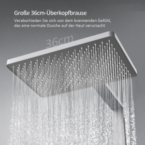 Quadratische, anthrazitfarbene Emke Überkopfbrause (36cm) mit Wasserstrahl. Teil eines Duschsystems.