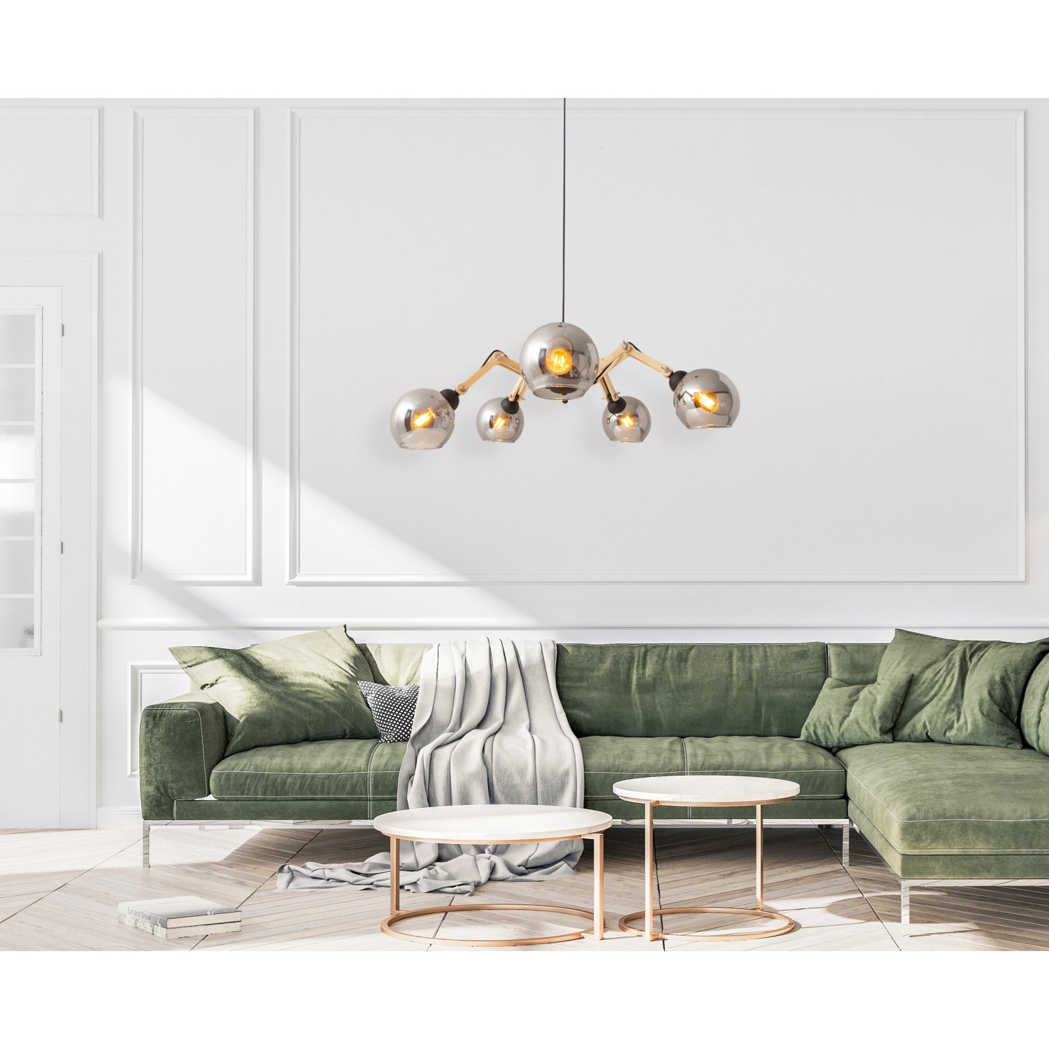 Schwarze 5-flammige Glas-Pendelleuchte Soito von Näve mit getönten Glasschirmen im Wohnzimmer.