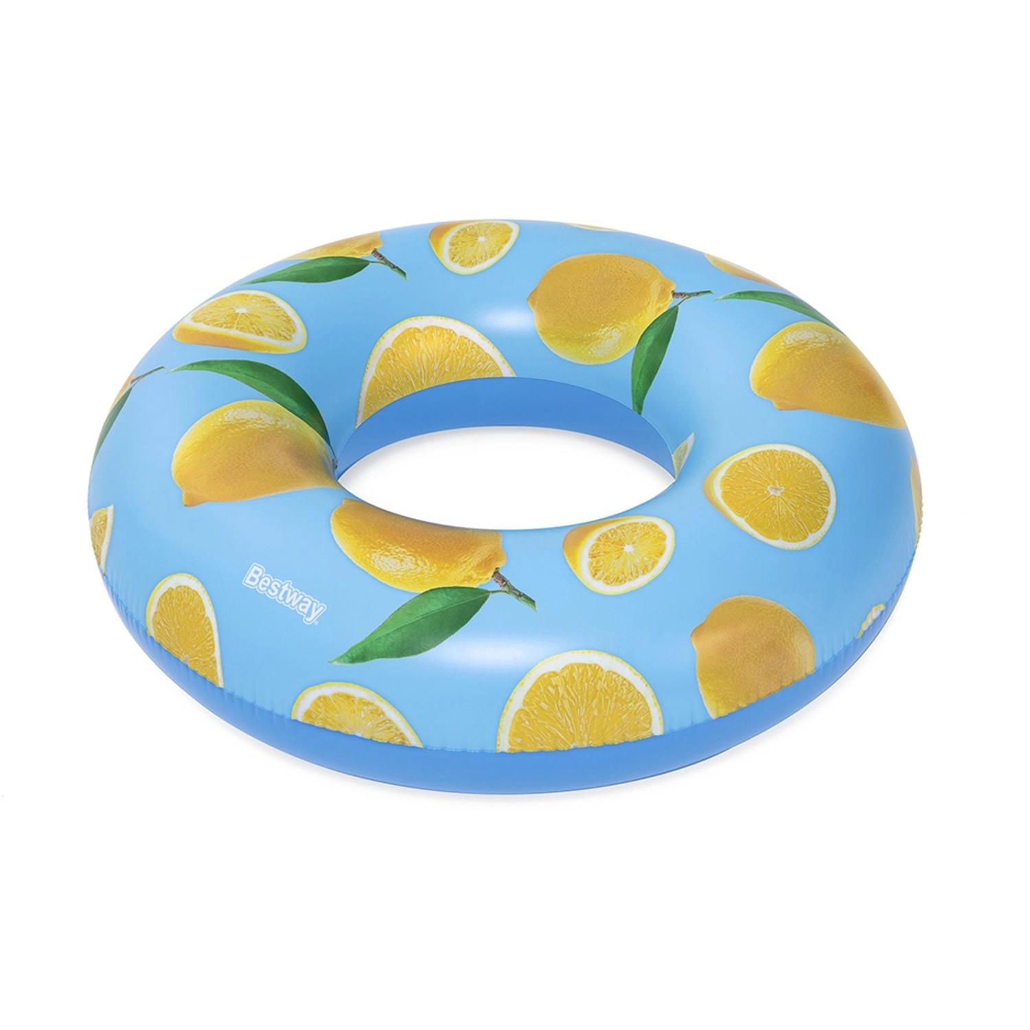 Bestway Schwimmring Zitrone, Ø 106 cm, mit Zitronenmuster auf blauem Grund.