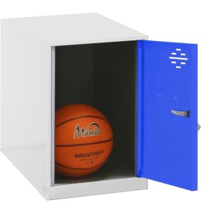 Offener, blau-weißer PROREGAL Schließfachwürfel mit Basketball. Garderobenschrank.