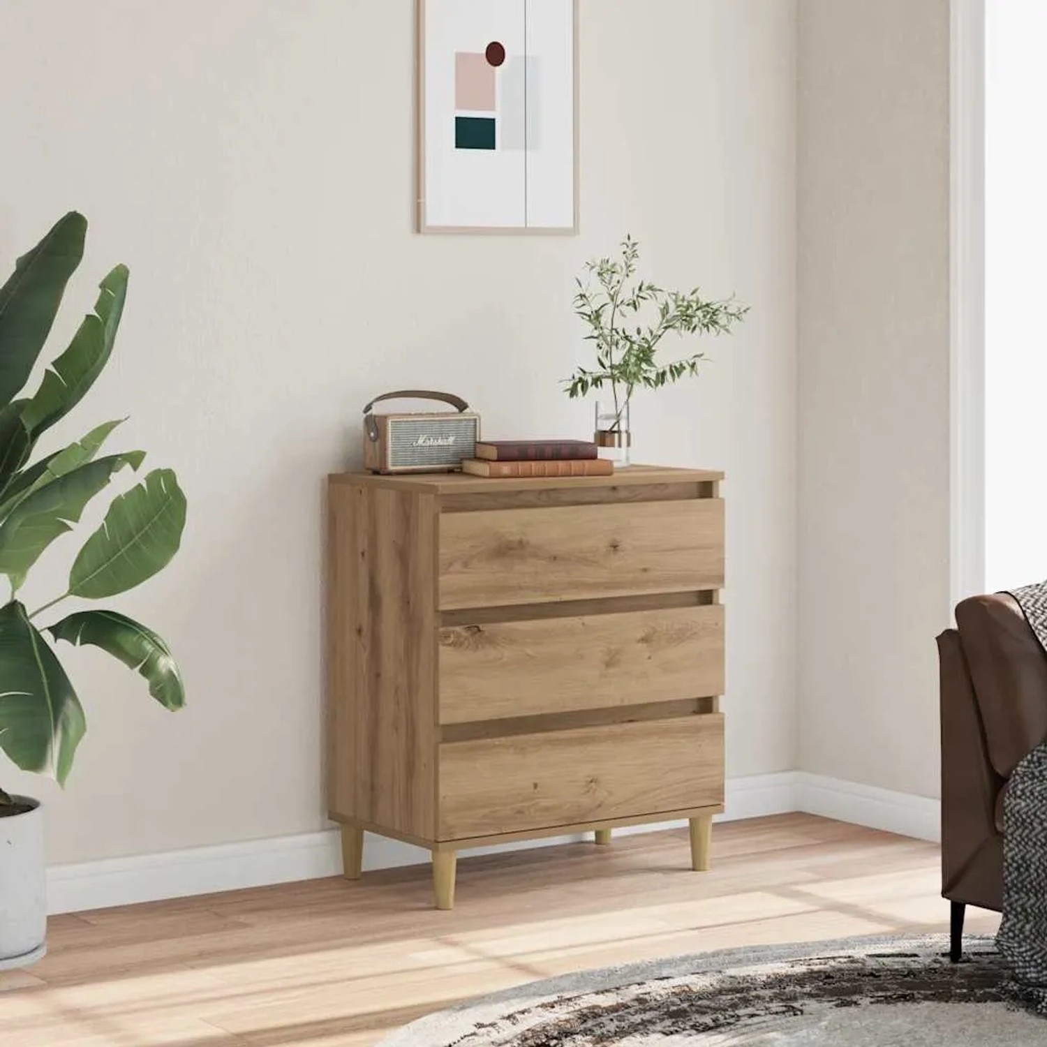 vidaXL Sideboard Artisan-Eiche, Holz, 60x35x70 cm mit 3 Schubladen.