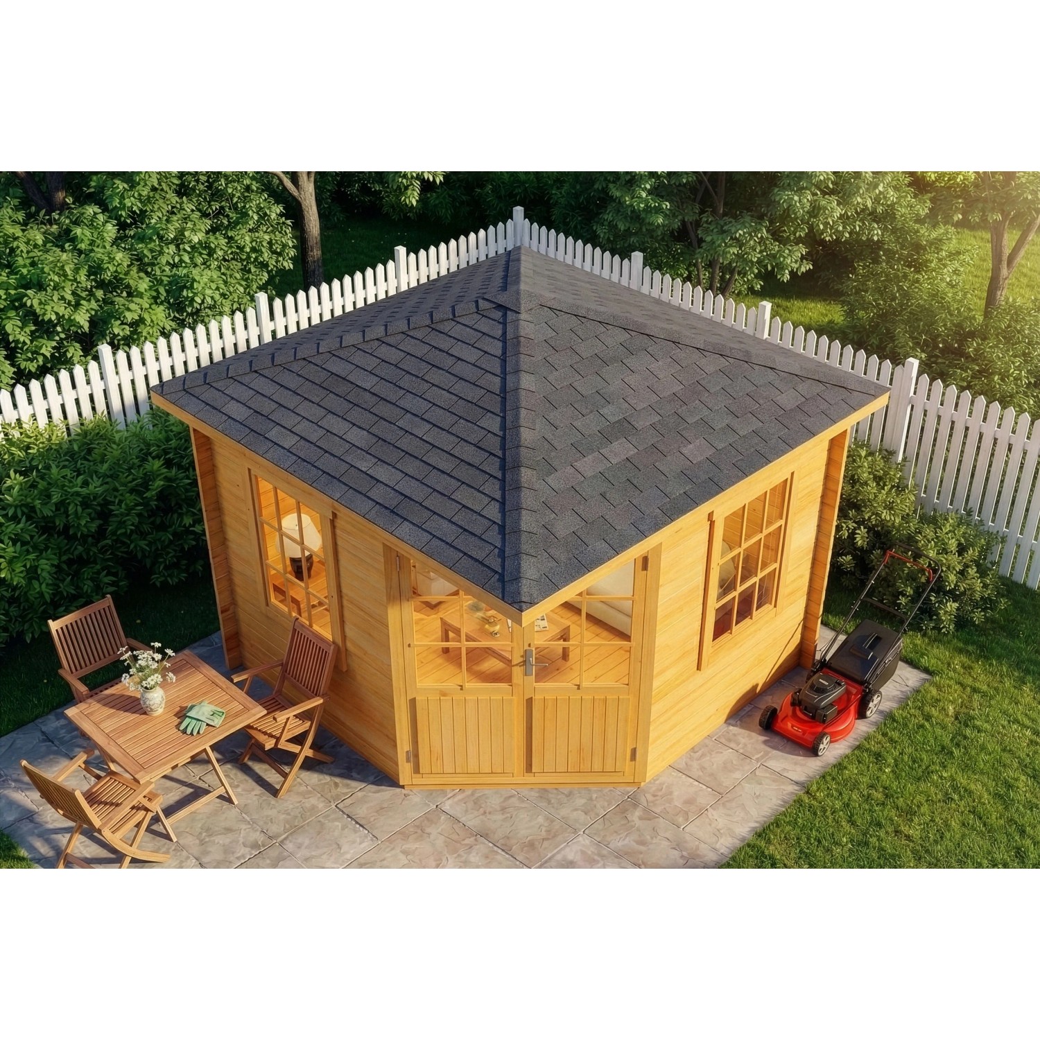 Fünfeckiges, naturbelassenes Alpholz Gartenhaus Monica-40 mit Spitzdach und Doppeltür.
