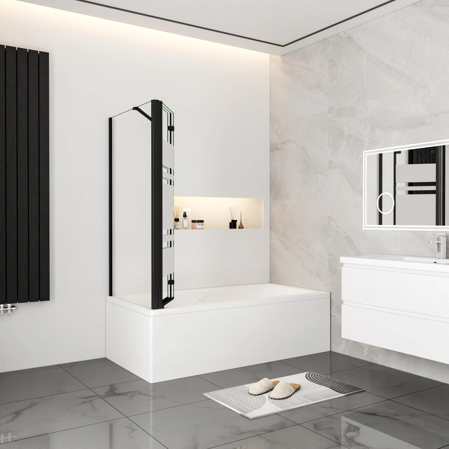 AICA Faltwand, 130cm, schwarz, 3-teilig mit 70cm Seitenwand, 6mm Nano ESG Glas für Badewanne.