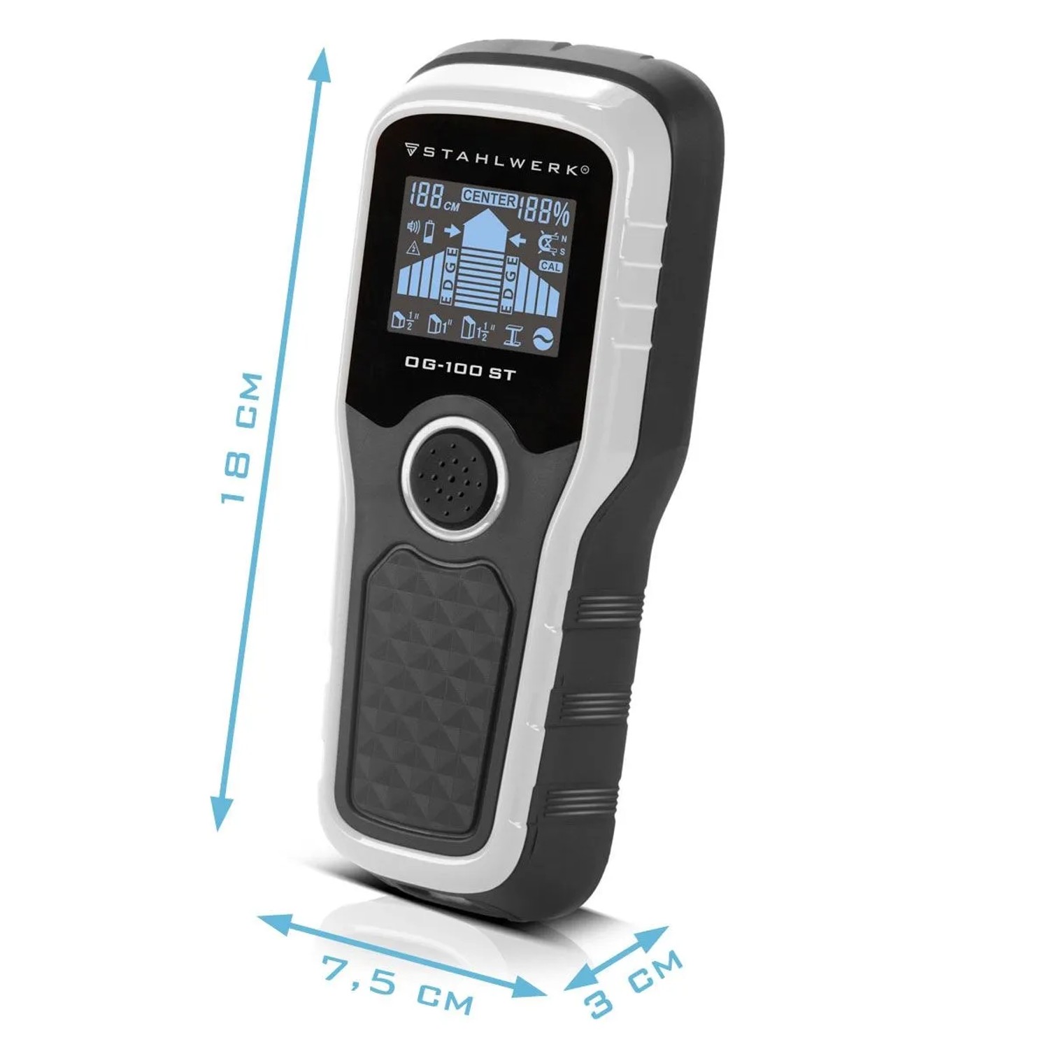STAHLWERK Ortungsgerät OG-100 ST, schwarzer Wandscanner mit LCD-Display, 18x7,5x3 cm. Präziser Metalldetektor.