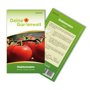 Samenpackung Stabtomaten Tamina von Deine Gartenwelt mit Abbildung reifer, roter Tomaten.