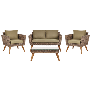 Beliani VITTORIA Gartenmöbel-Set: 2 Rattansessel, 1 Zweisitzer-Sofa, 1 Couchtisch mit Glasplatte, olivgrüne Kissen.