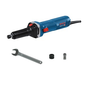 Bosch Professional GGS 30 LS Geradschleifer mit Zubehör. Blaue Schleifmaschine mit Maulschlüssel und Spannzange.