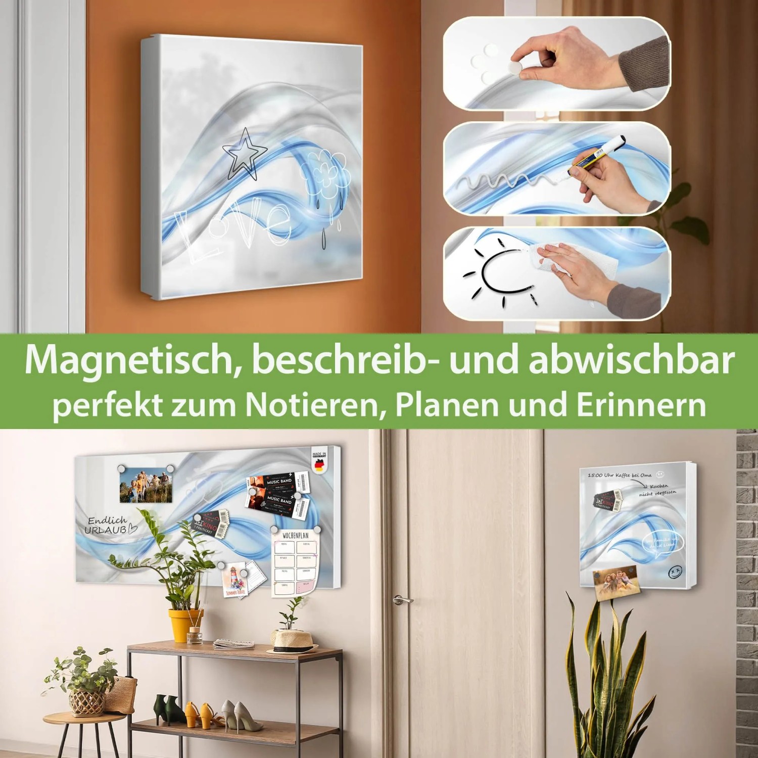Banjado Großer Schlüsselkasten Metall 30x30cm Weiß Scharnier Rechts 50 Haken Beschreibbar Magnetisch Motiv Blauer Schleier